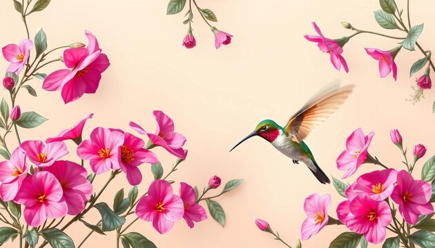 Cream background, seamless hummingbird & pink flower garden pattern, flowers, background