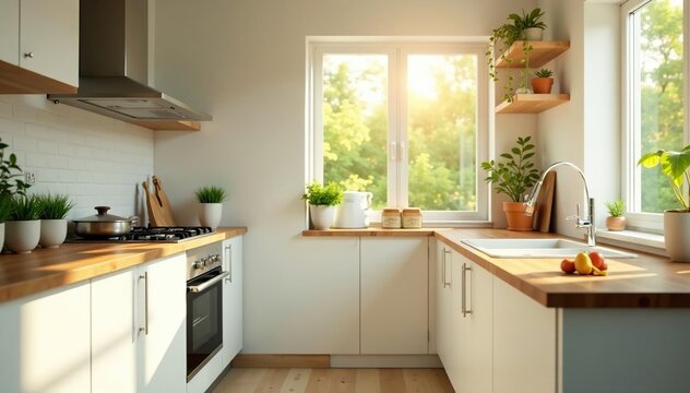 A cheerful kitchen, sparkling clean, sunlight streaming through window , closeup, fresh, surface