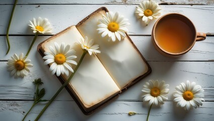 Obraz premium White wooden table featuring chamomile flowers, tea cup, and blank note for natural floral mockup