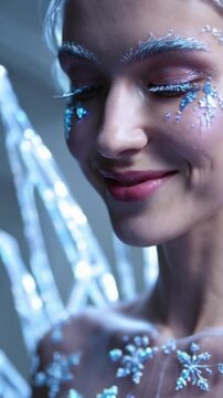Close-Up of Ethereal Ice Fairy with Frost Makeup and Crystal Snowflake Costume