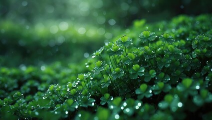 Green clover carpet adorned with dew drops on the leaves