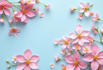 Fototapeta premium Delicate paper spring blossoms arranged on a pastel blue backdrop, creating an abstract floral design, art, blossom