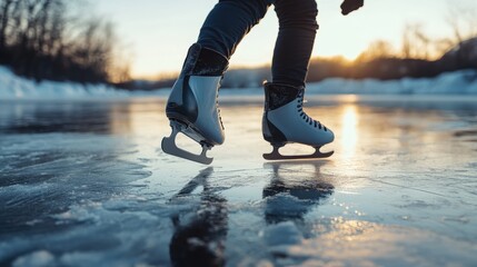 Close-up view of ice skating legs on frozen lake.
