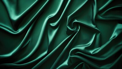 Obraz premium Beautiful dark green silk satin backdrop with flowing soft folds on a smooth surface. Elegant background with copy space for design, wide banner, top view, flat lay.