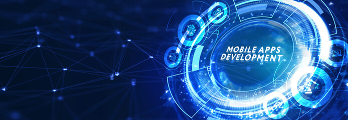 Inscription MOBILE APPS DEVELOPMENT on the virtual display. Cloud technology concept. 3d illustration