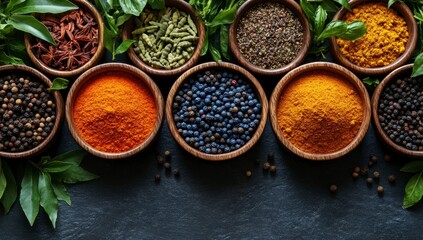 Fototapeta premium Various spices and herbs in wooden bowls on dark background