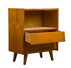 Mid-century modern isolated wooden cabinet with open drawer showcasing minimalist design and functional storage