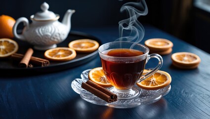 Fototapeta premium Black tea served in a clear glass on a wooden table with teapot, cookies, slices, and cinnamon
