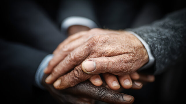 A close-up shot of hands from different races coming together in solidarity, showcasing unity in a professional environment.