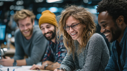 A team of young, energetic professionals, each with different cultural backgrounds, collaborating on a creative project in an open office space.
