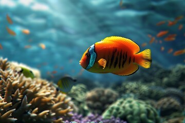 Obraz premium A vibrant orange fish with blue and black accents swims gracefully among colorful coral in a clear ocean environment.