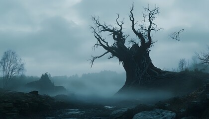 Silhouette of a large, gnarled tree in a misty, dark landscape.