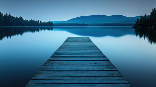 A long wooden dock extending into a calm lake landscape