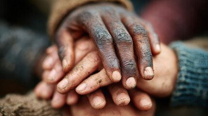 Fototapeta premium A close-up of hands from various cultural backgrounds stacked together in a powerful gesture of teamwork and inclusion.