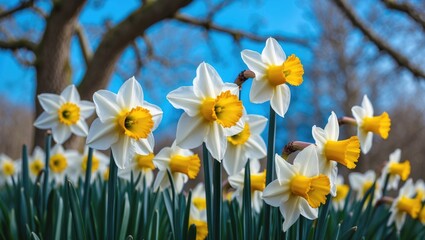 Obraz premium Castle park is adorned with beautiful Daffodil flowers