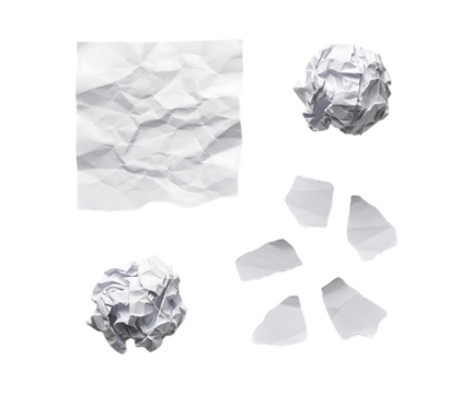 Collection of crumpled and flat paper pieces on a clear setting transparent background