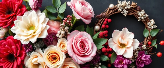 Elegant floral bouquets & wreaths, festive holiday blooms for cards, invites & packaging, blossom, vintage