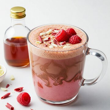 White Chocolate Raspberry Mocha Mug filled with pink-tinged mocha topped with white chocolate shavings, fresh raspberries and syrup bottle on white background