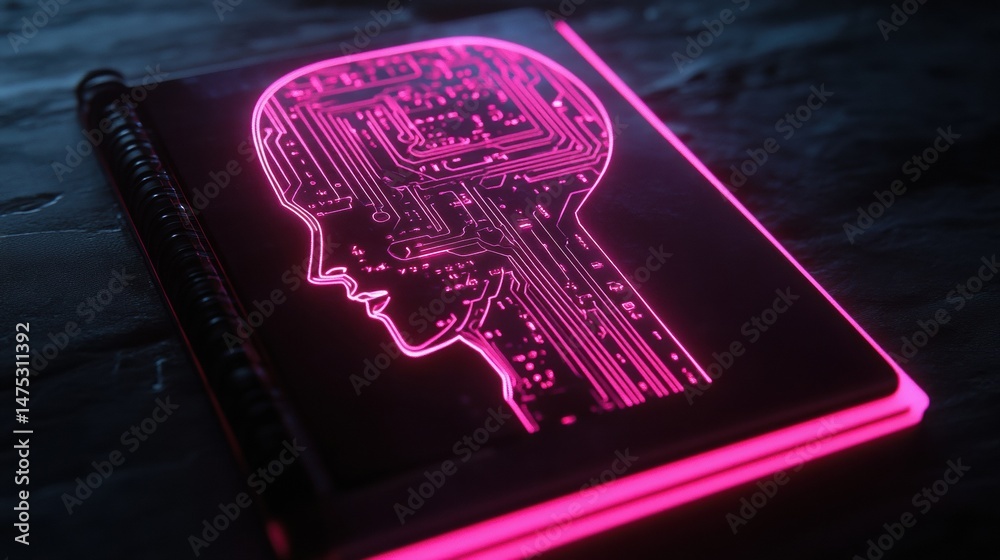 Poster side view and close up of notebook with glowing circuit head outline. ai and machine learning concep