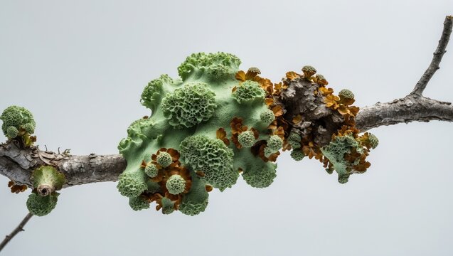 Twig adorned with oakmoss lichen, set on a white background