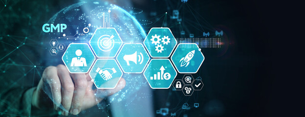 Good manufacturing practice certification quality control on virtual screen. GMP.