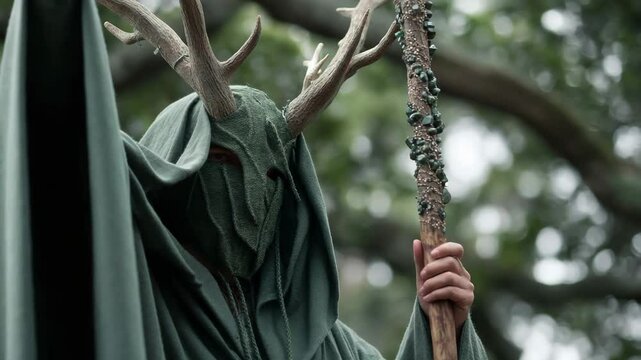 A druidic figure cloaked in green, standing among ancient oaks, holding a staff adorned with crystals.