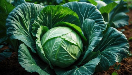 Fototapeta premium Lush cabbage plant flourishing outdoors in a garden surrounded by rich soil and leafy greens
