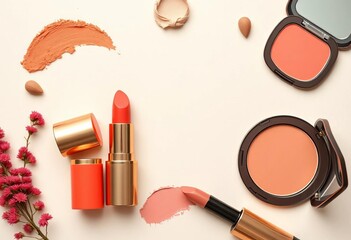 Coral lipstick, terracotta blush, warm beige eyeshadow arranged on neutral background, still life, palette