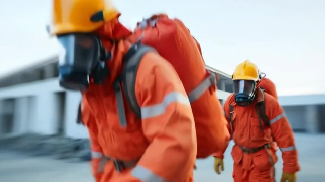 Close-up portrait of a line of firefighters wearing transparent respirator mask with yellow helmet.
