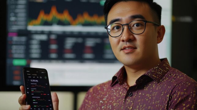Business man trader investor analyst using mobile phone app analytics for cryptocurrency financial stock market analysis analyze graph trading data index investment growth chart on smartphone screen.