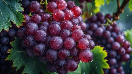Fototapeta premium Ripe purple grapes glistening with rain on the vineyard branch during summer