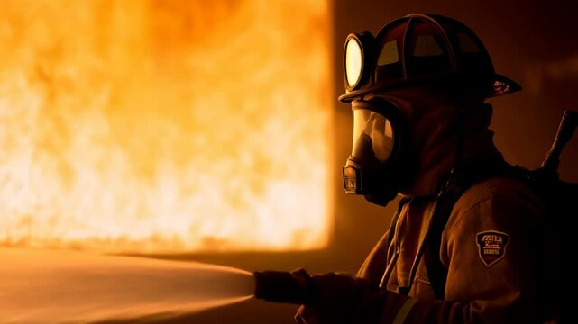 Close-up portrait of a firefighter&rsquo;s face behind a transparent respirator mask with yellow helmet puts out fire.	