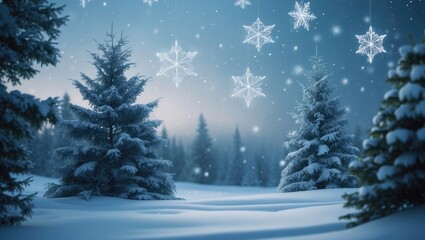 Obraz premium Nighttime winter landscape with falling snow, frost, and abstract snowflake patterns for design