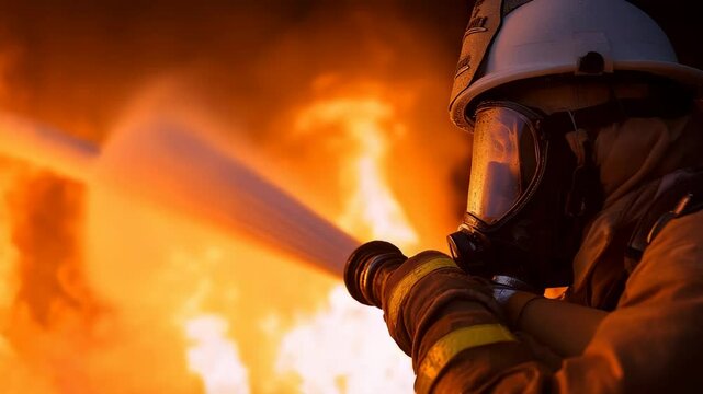 Close-up portrait of a firefighter&rsquo;s face behind a transparent respirator mask with yellow helmet puts out fireю