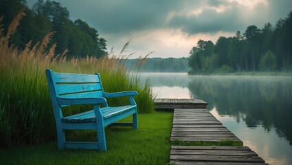 Naklejka premium Outdoor leisure area featuring a bench at a lake shore with boats and a scenic horizon