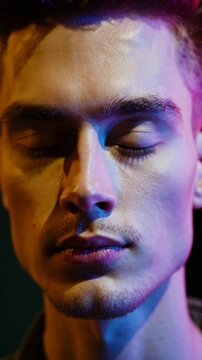 Close-Up of Male Portrait with Colorful Gel Lighting in Cinematic Style
