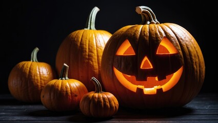 Seasonal collection of squash and a lantern carved with a face