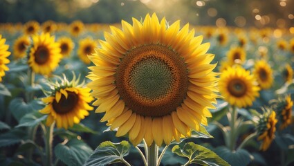 Fototapeta premium Detailed view of a sunflower with a soft-focused field in the background