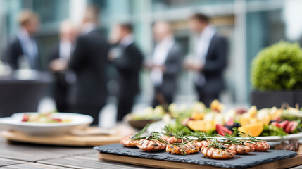 Business people networking at outdoor catering event