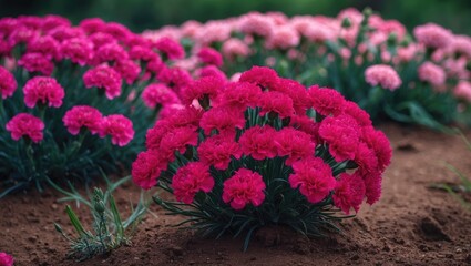 Small red carnations in full bloom within a park environment
