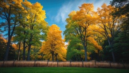Fototapeta premium Scenic countryside with majestic trees, golden grasses, and a vibrant autumn sky