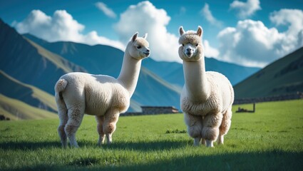 Fototapeta premium Alpacas grazing in the fields of Ollantaytambo with clouds and mountain backdrop
