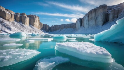 Icy rocks alongside frozen ice floes in a stunning landscape