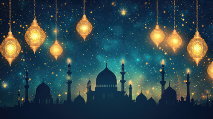 Night city skyline with glowing lanterns