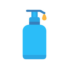 Blue soap dispenser with drop, on black background, flat