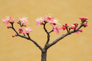 Delicate branches of blossoming pink flowers against a soft beige backdrop