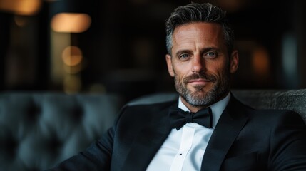 A confident man dressed in a tuxedo sits elegantly, exuding charm and sophistication in a high-end venue that suggests luxury and style, perfect for upscale events or celebrations.
