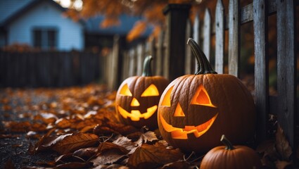 Halloween-themed carved pumpkins placed on leaf-covered ground near a wooden fence