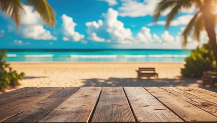 Fototapeta premium Summer beach and ocean scenery with a wooden table background offering space for your product