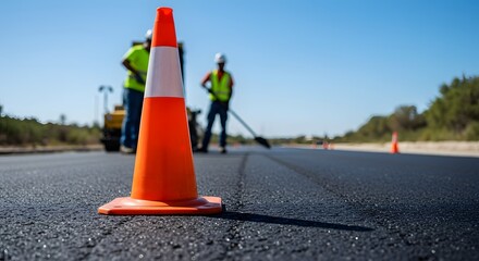 Road Work Ahead Orange Cone and Crew Repairing Asphalt Road